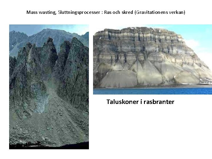 Mass wasting, Sluttningsprocesser : Ras och skred (Gravitationens verkan) Taluskoner i rasbranter 