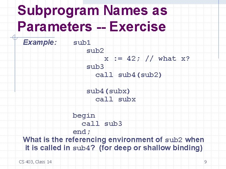 Subprogram Names as Parameters -- Exercise Example: sub 1 sub 2 x : =