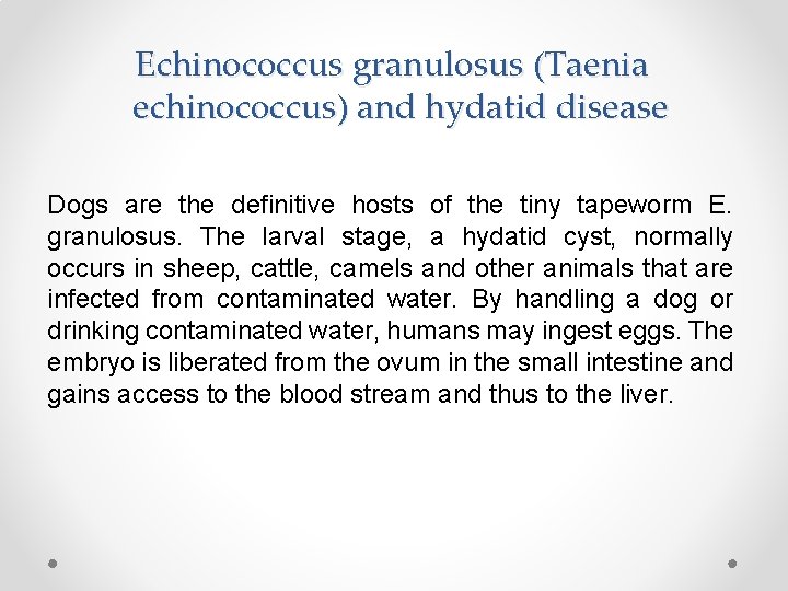 Echinococcus granulosus (Taenia echinococcus) and hydatid disease Dogs are the definitive hosts of the