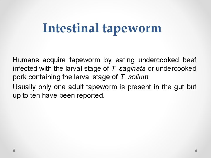 Intestinal tapeworm Humans acquire tapeworm by eating undercooked beef infected with the larval stage