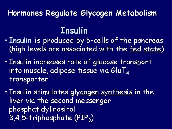 Hormones Regulate Glycogen Metabolism Insulin • Insulin is produced by b-cells of the pancreas Hormones Regulate Glycogen Metabolism Insulin • Insulin is produced by b-cells of the pancreas