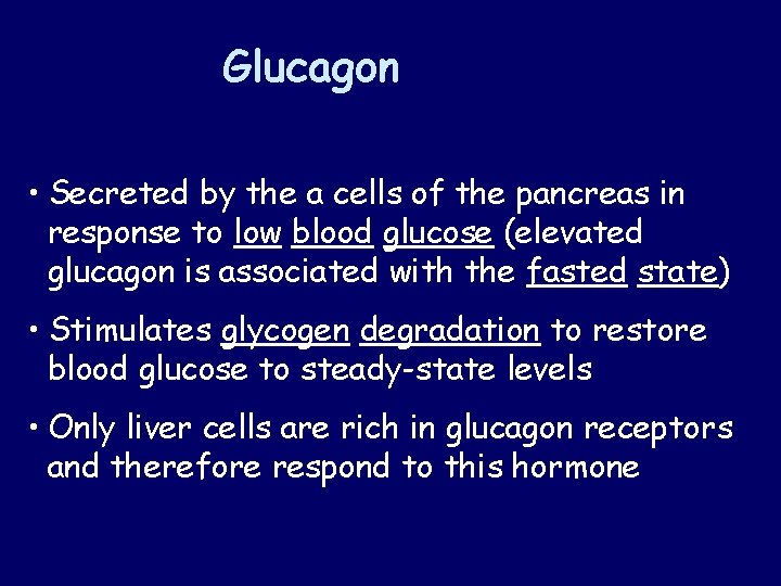 Glucagon • Secreted by the a cells of the pancreas in response to low Glucagon • Secreted by the a cells of the pancreas in response to low
