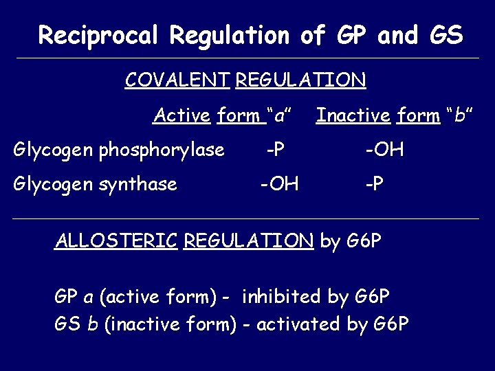 Reciprocal Regulation of GP and GS COVALENT REGULATION Active form “a” Inactive form “b” Reciprocal Regulation of GP and GS COVALENT REGULATION Active form “a” Inactive form “b”