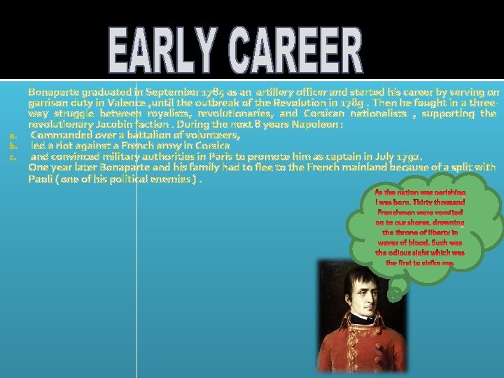 Bonaparte graduated in September 1785 as an artillery officer and started his career by