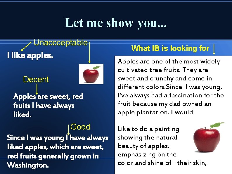Let me show you. . . Unaccceptable I like apples. Decent Apples are sweet,