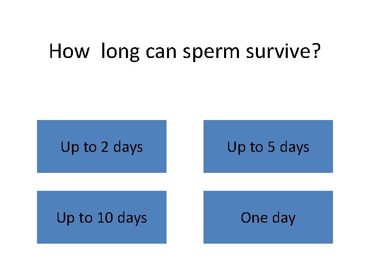 How long can sperm survive? Up to 2 days Up to 5 days Up