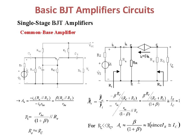 Basic BJT Amplifiers Circuits Single-Stage BJT Amplifiers Common-Base Amplifier Ri= Ro≈RC For RL<<RC, 