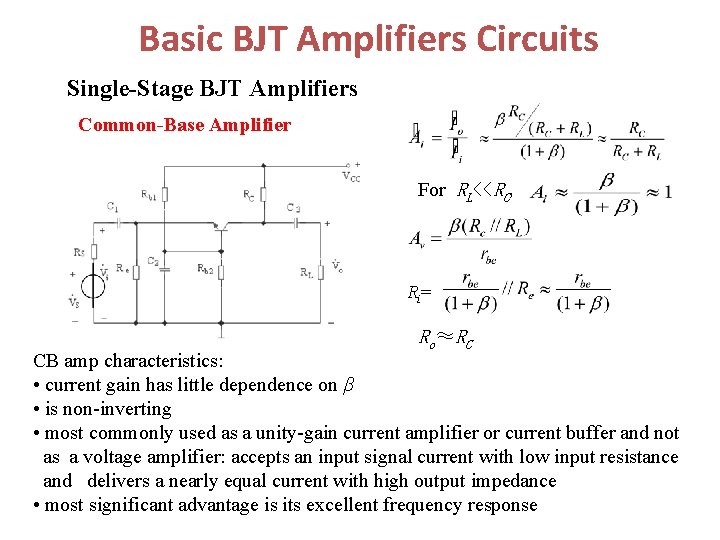 Basic BJT Amplifiers Circuits Single-Stage BJT Amplifiers Common-Base Amplifier For RL<<RC, Ri= Ro≈RC CB