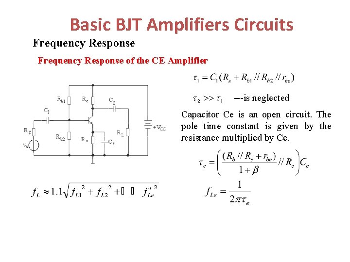 Basic BJT Amplifiers Circuits Frequency Response of the CE Amplifier ---is neglected Capacitor Ce