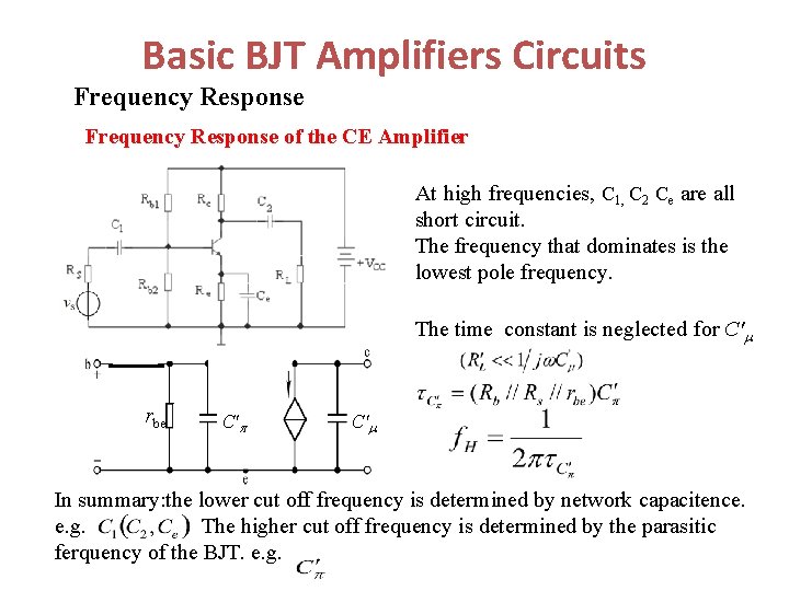 Basic BJT Amplifiers Circuits Frequency Response of the CE Amplifier At high frequencies, C