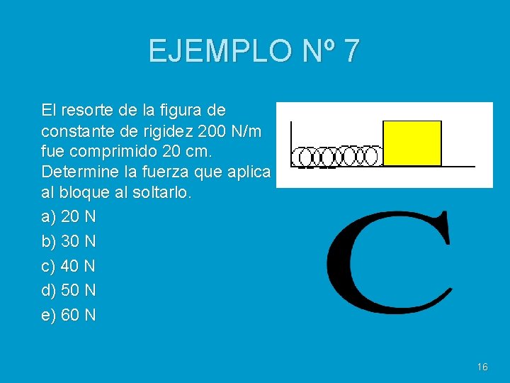 EJEMPLO Nº 7 El resorte de la figura de constante de rigidez 200 N/m