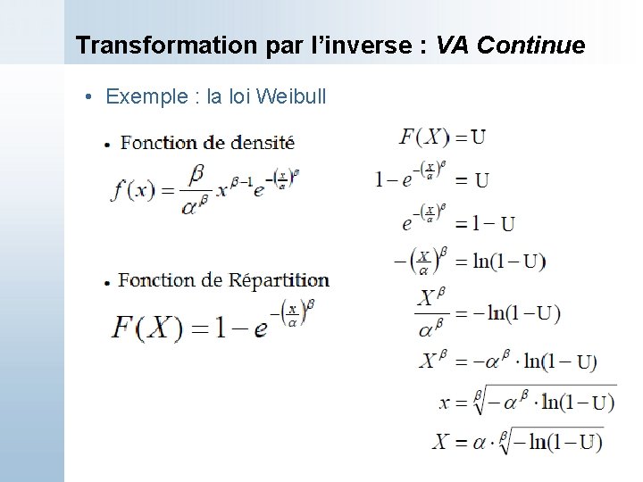 Transformation par l’inverse : VA Continue • Exemple : la loi Weibull 