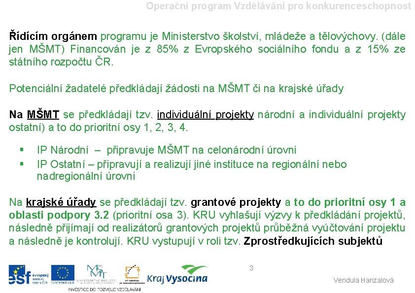 Operační program Vzdělávání pro konkurenceschopnost Řídícím orgánem programu je Ministerstvo školství, mládeže a tělovýchovy.