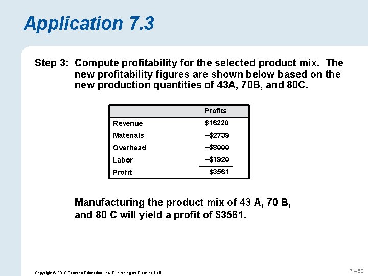 Application 7. 3 Step 3: Compute profitability for the selected product mix. The new