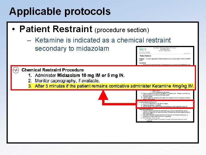 Applicable protocols • Patient Restraint (procedure section) – Ketamine is indicated as a chemical