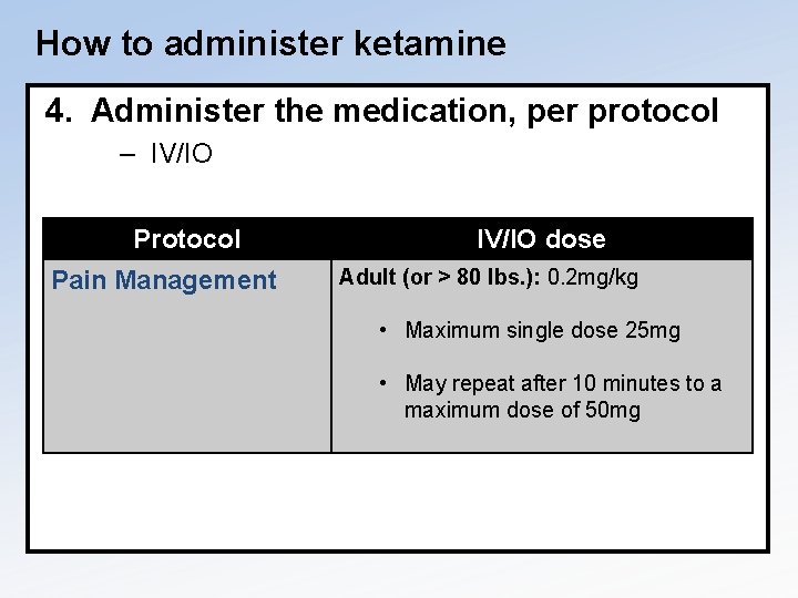 How to administer ketamine 4. Administer the medication, per protocol – IV/IO Protocol Pain