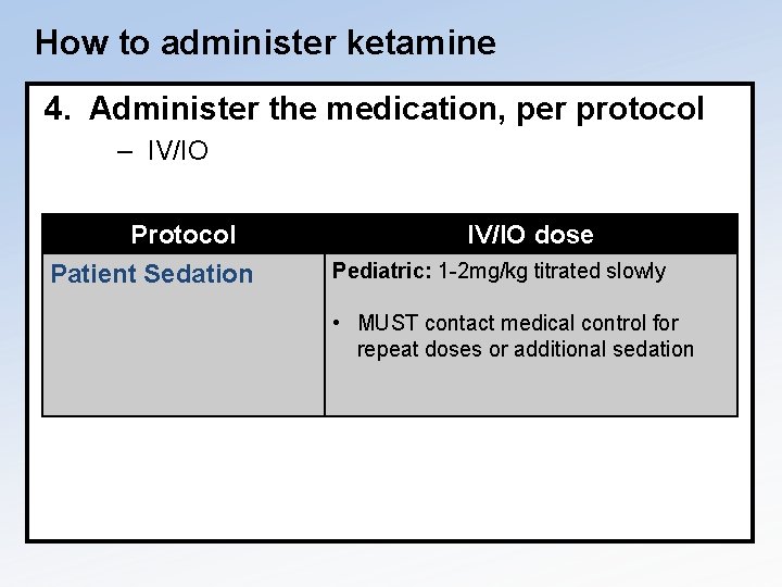 How to administer ketamine 4. Administer the medication, per protocol – IV/IO Protocol Patient