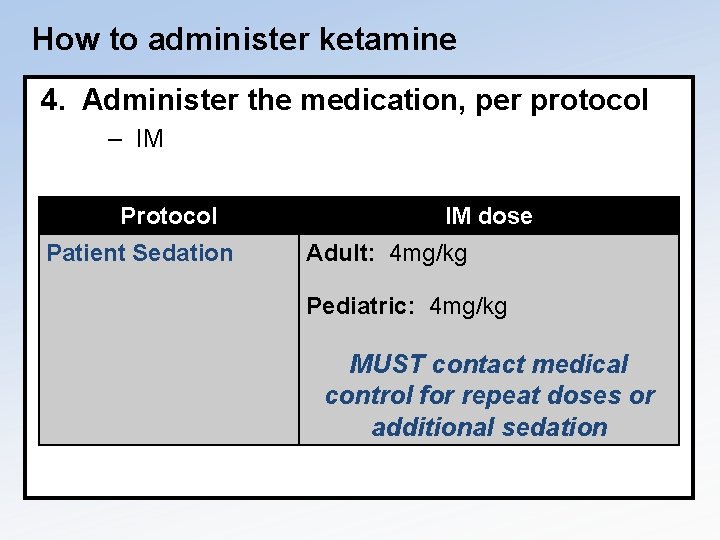 How to administer ketamine 4. Administer the medication, per protocol – IM Protocol Patient