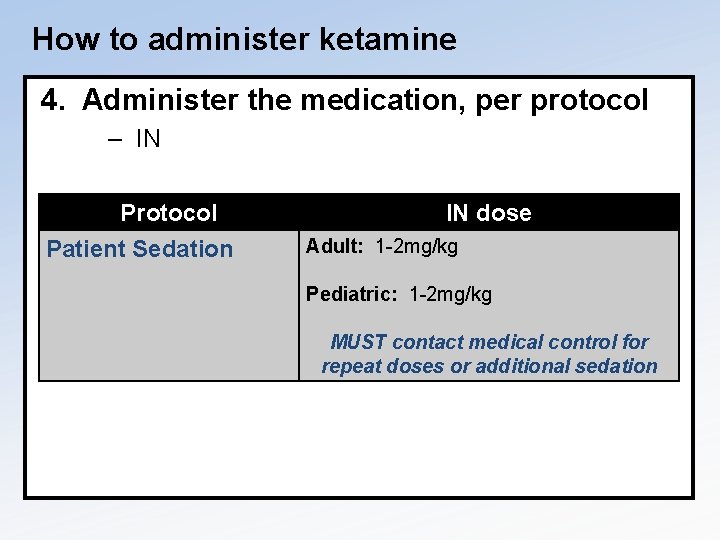 How to administer ketamine 4. Administer the medication, per protocol – IN Protocol Patient