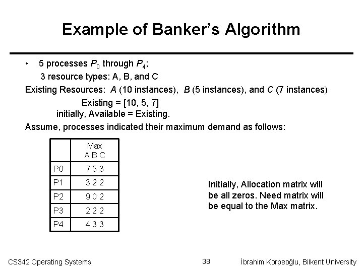 Example of Banker’s Algorithm • 5 processes P 0 through P 4; 3 resource