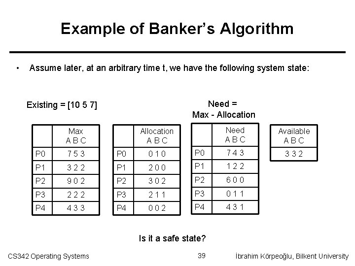 Example of Banker’s Algorithm • Assume later, at an arbitrary time t, we have