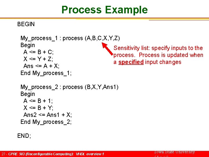 Process Example BEGIN My_process_1 : process (A, B, C, X, Y, Z) Begin Sensitivity