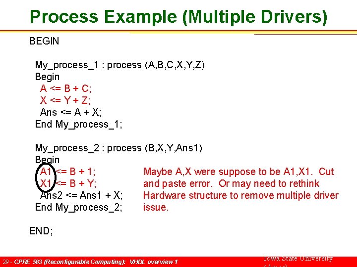 Process Example (Multiple Drivers) BEGIN My_process_1 : process (A, B, C, X, Y, Z)