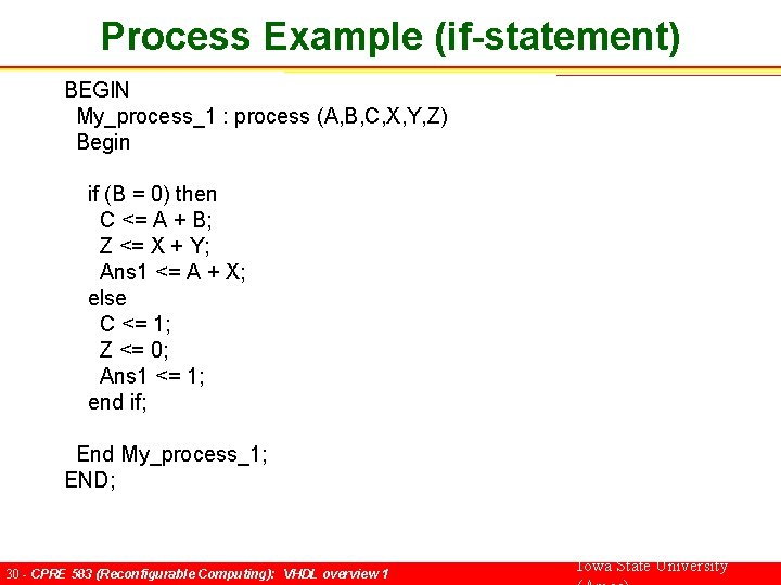 Process Example (if-statement) BEGIN My_process_1 : process (A, B, C, X, Y, Z) Begin