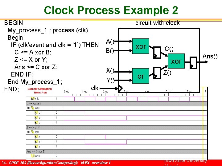 Clock Process Example 2 BEGIN My_process_1 : process (clk) Begin IF (clk’event and clk