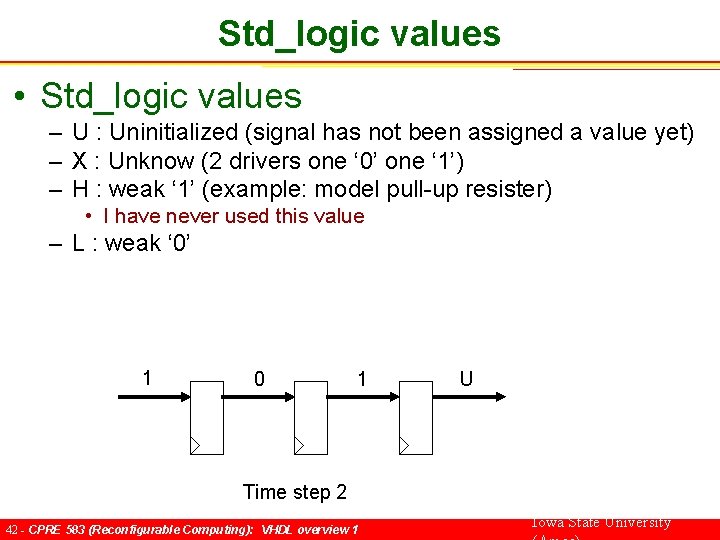 Std_logic values • Std_logic values – U : Uninitialized (signal has not been assigned