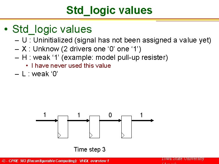 Std_logic values • Std_logic values – U : Uninitialized (signal has not been assigned