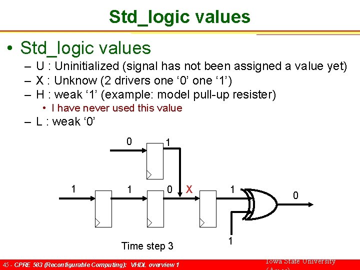 Std_logic values • Std_logic values – U : Uninitialized (signal has not been assigned