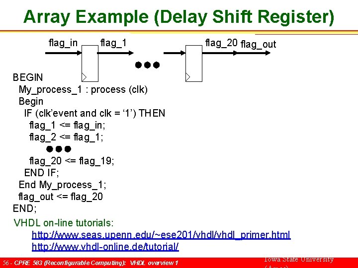 Array Example (Delay Shift Register) flag_in flag_1 flag_20 flag_out BEGIN My_process_1 : process (clk)
