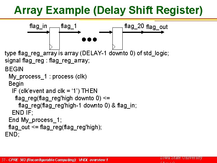 Array Example (Delay Shift Register) flag_in flag_1 flag_20 flag_out type flag_reg_array is array (DELAY-1