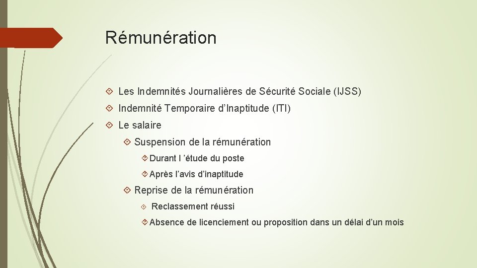 Rémunération Les Indemnités Journalières de Sécurité Sociale (IJSS) Indemnité Temporaire d’Inaptitude (ITI) Le salaire