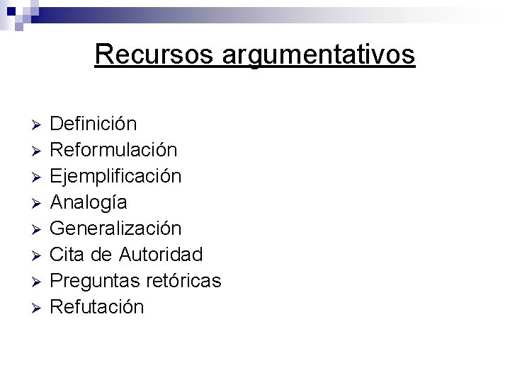 Recursos argumentativos Ø Ø Ø Ø Definición Reformulación Ejemplificación Analogía Generalización Cita de Autoridad