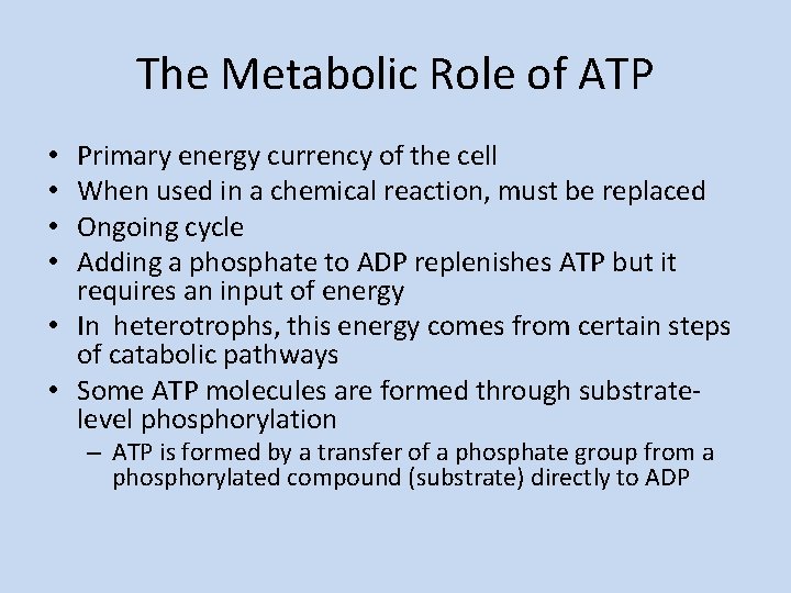 The Metabolic Role of ATP Primary energy currency of the cell When used in