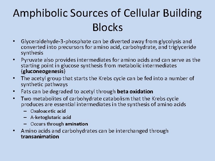 Amphibolic Sources of Cellular Building Blocks • Glyceraldehyde-3 -phosphate can be diverted away from