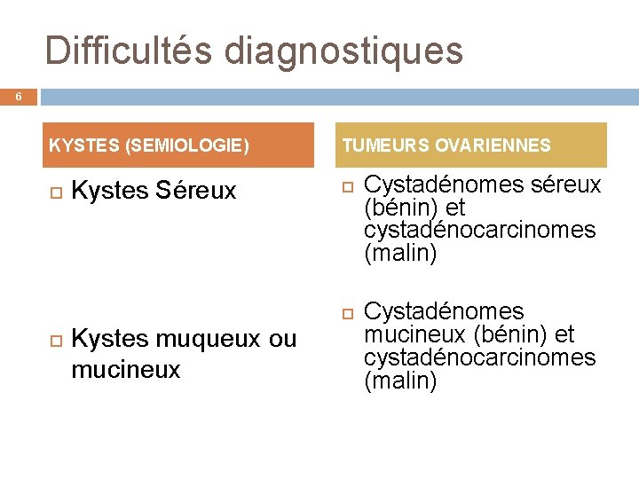 Difficultés diagnostiques 6 KYSTES (SEMIOLOGIE) Kystes Séreux TUMEURS OVARIENNES Kystes muqueux ou mucineux Cystadénomes