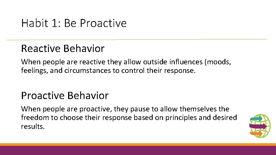 Habit 1: Be Proactive Reactive Behavior When people are reactive they allow outside influences