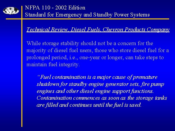 NFPA 110 - 2002 Edition Standard for Emergency and Standby Power Systems Technical Review,