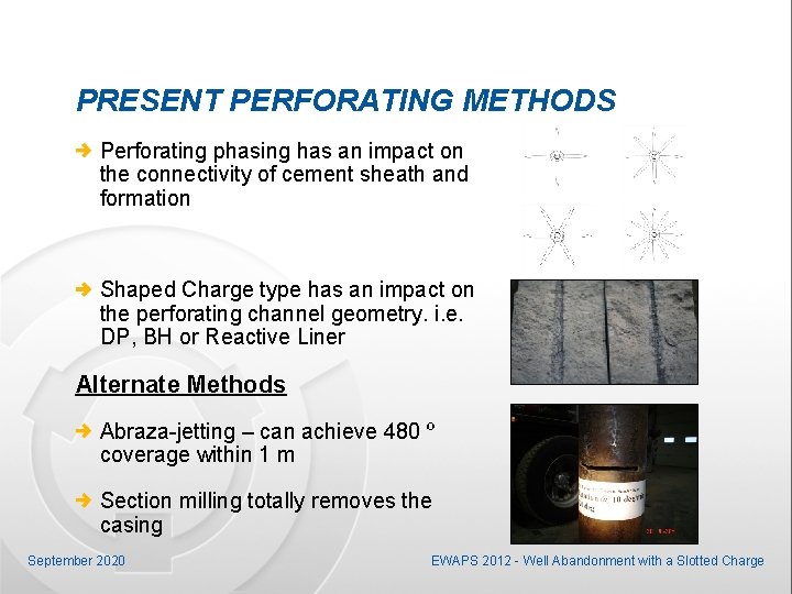 PRESENT PERFORATING METHODS Perforating phasing has an impact on the connectivity of cement sheath