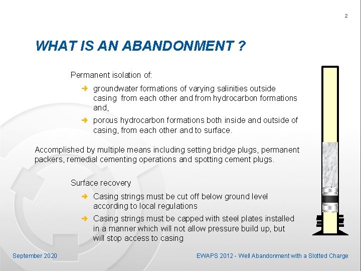 2 WHAT IS AN ABANDONMENT ? Permanent isolation of: groundwater formations of varying salinities