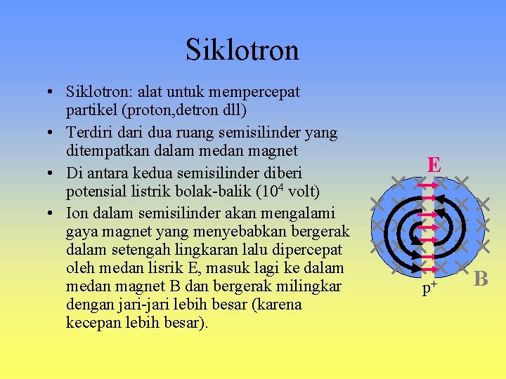 Siklotron • Siklotron: alat untuk mempercepat partikel (proton, detron dll) • Terdiri dari dua