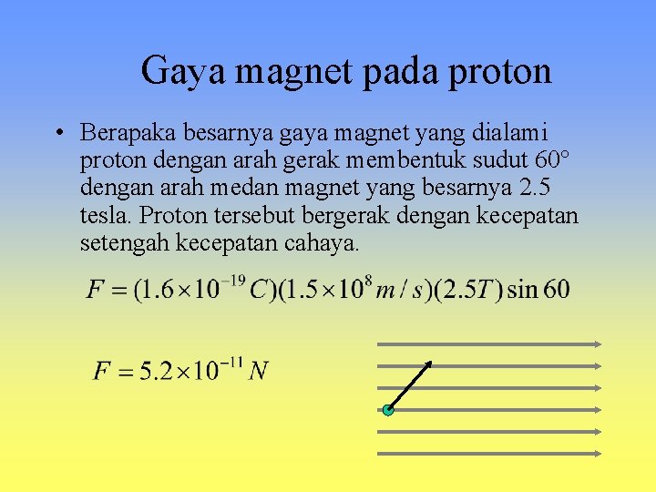 Gaya magnet pada proton • Berapaka besarnya gaya magnet yang dialami proton dengan arah