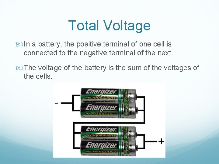 Total Voltage In a battery, the positive terminal of one cell is connected to