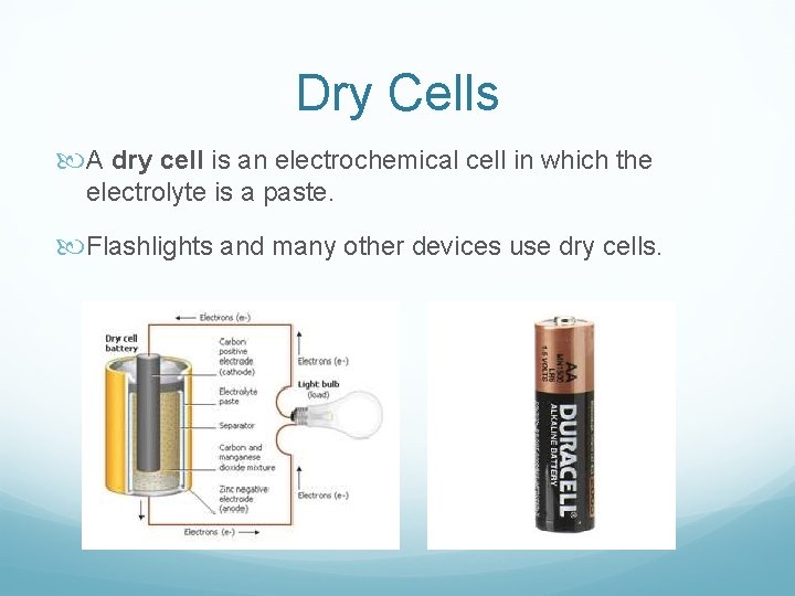 Dry Cells A dry cell is an electrochemical cell in which the electrolyte is