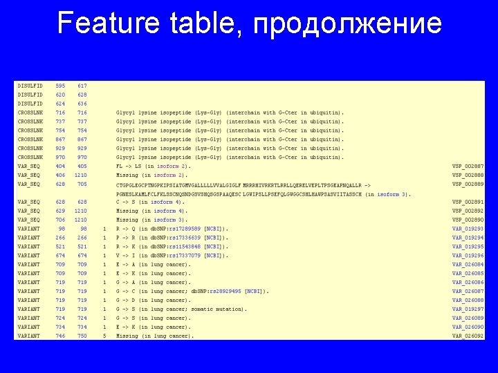 Feature table, продолжение 