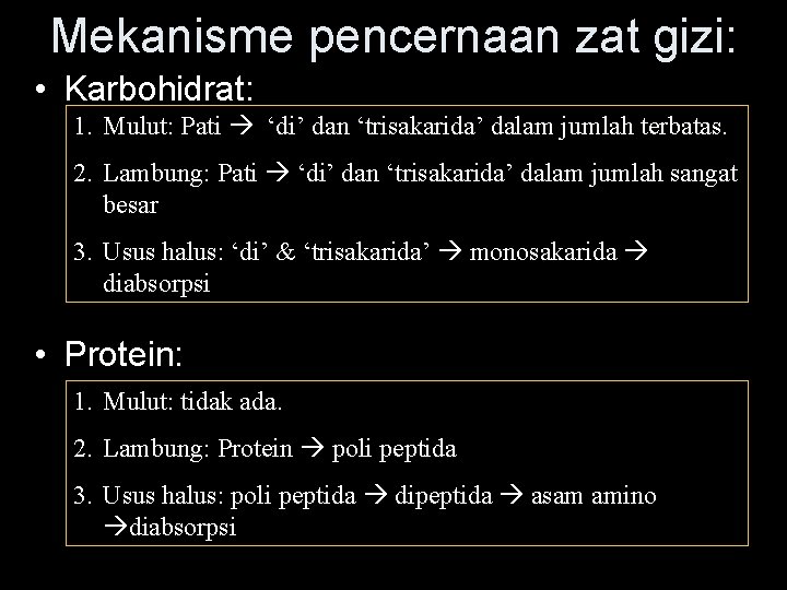 Mekanisme pencernaan zat gizi: • Karbohidrat: 1. Mulut: Pati ‘di’ dan ‘trisakarida’ dalam jumlah