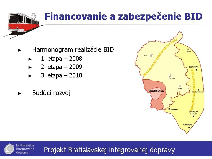 Financovanie a zabezpečenie BID Harmonogram realizácie BID ► ► ► 1. etapa – 2008